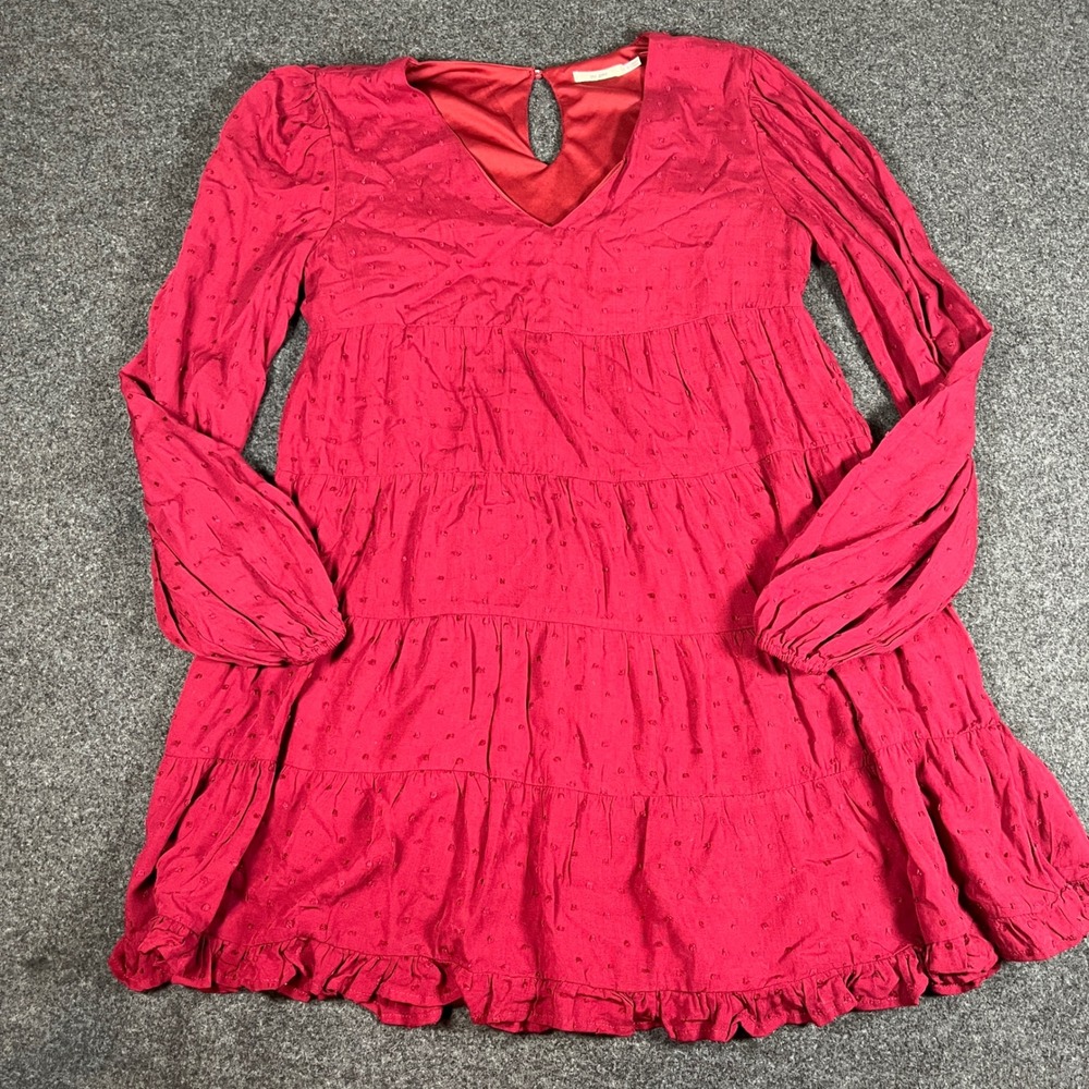 Mi Ami Burgundy Clip Dot Tiered Mini Dress Long Sleeve V-Neck Boho Wine Sz S - Picture 4 of 11
